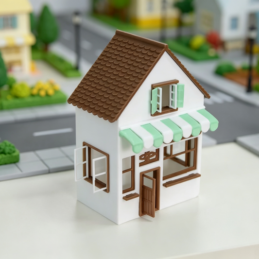 RHF346 Cream Fresh Style Street-Front Shop Model Cream White Fresh Style Street Shop Miniature Building with Green-White Striped Awning for Diorama