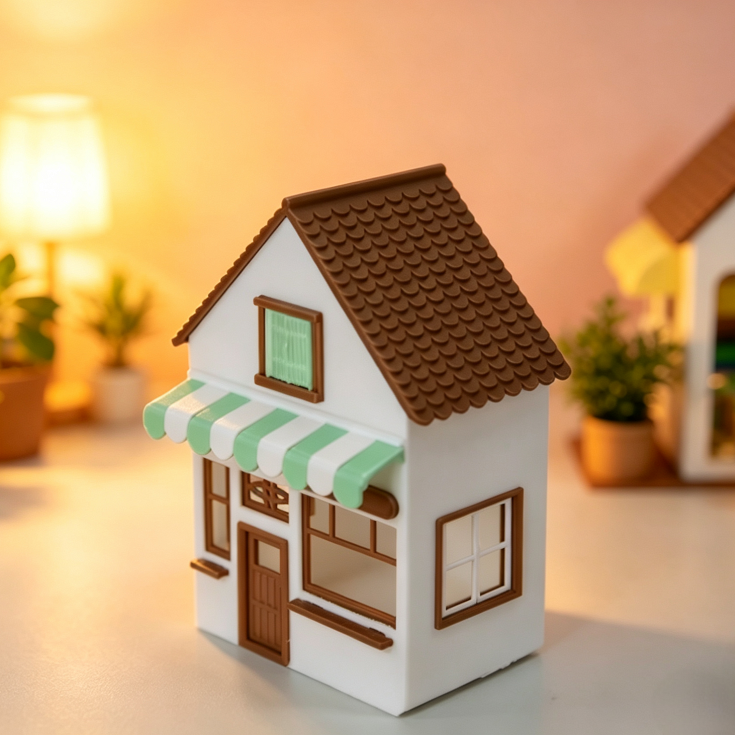 RHF346 Cream Fresh Style Street-Front Shop Model Cream White Fresh Style Street Shop Miniature Building with Green-White Striped Awning for Diorama