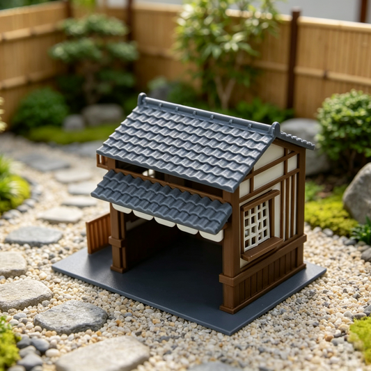 RHF347 Japanese Style Machiya Shop Model Japanese Machiya Shop Miniature Building, Gray Tile & Brown Wood with Awning for Diorama