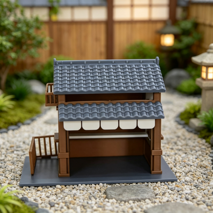 RHF347 Japanese Style Machiya Shop Model Japanese Machiya Shop Miniature Building, Gray Tile & Brown Wood with Awning for Diorama