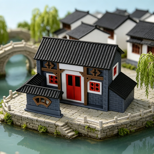 RHF64348 Huizhou-style Residence of Jiangnan Water Town Model Jiangnan Water Town Huizhou-style Residence Miniature Building, Black Tile & Red Door for Diorama
