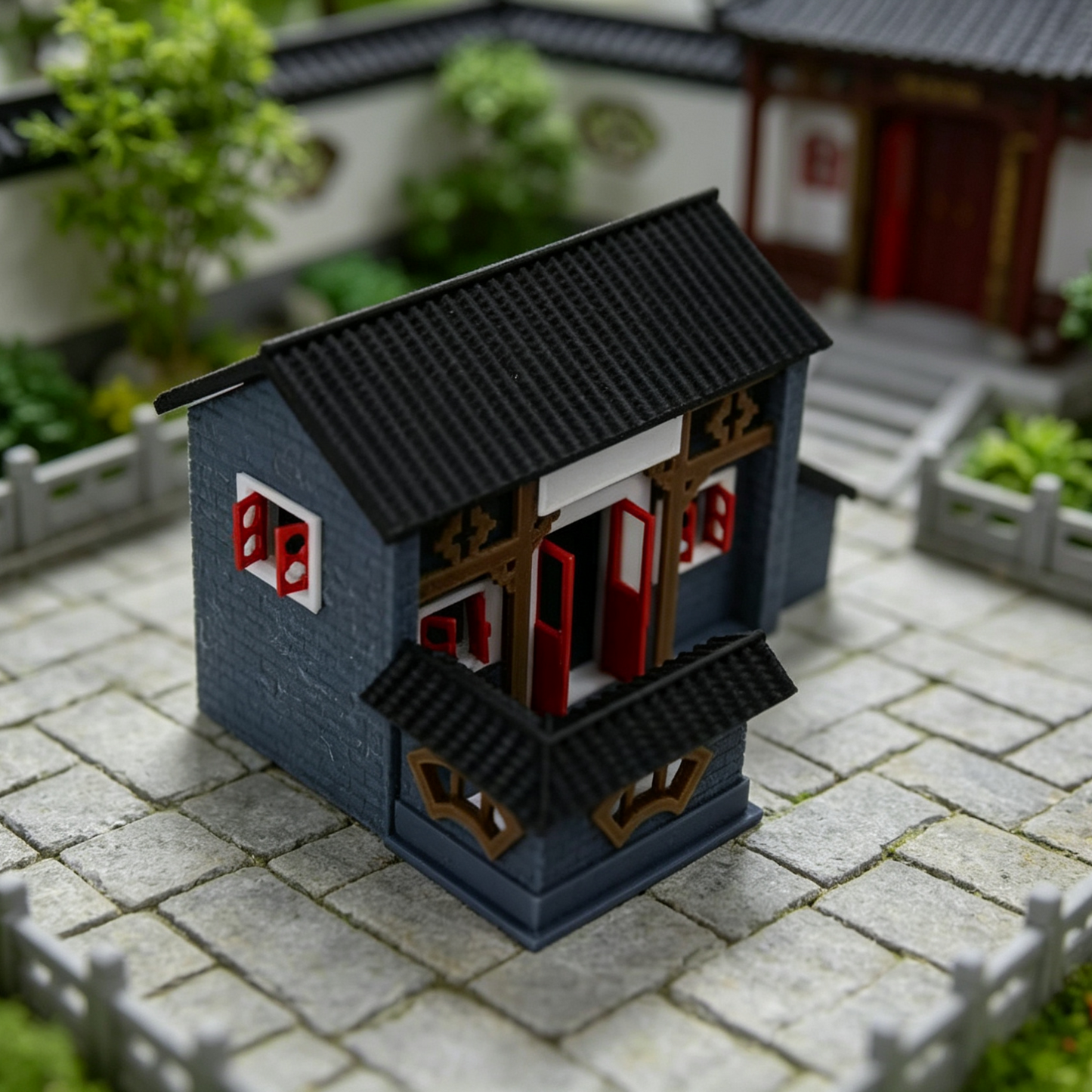 RHF64348 Huizhou-style Residence of Jiangnan Water Town Model Jiangnan Water Town Huizhou-style Residence Miniature Building, Black Tile & Red Door for Diorama