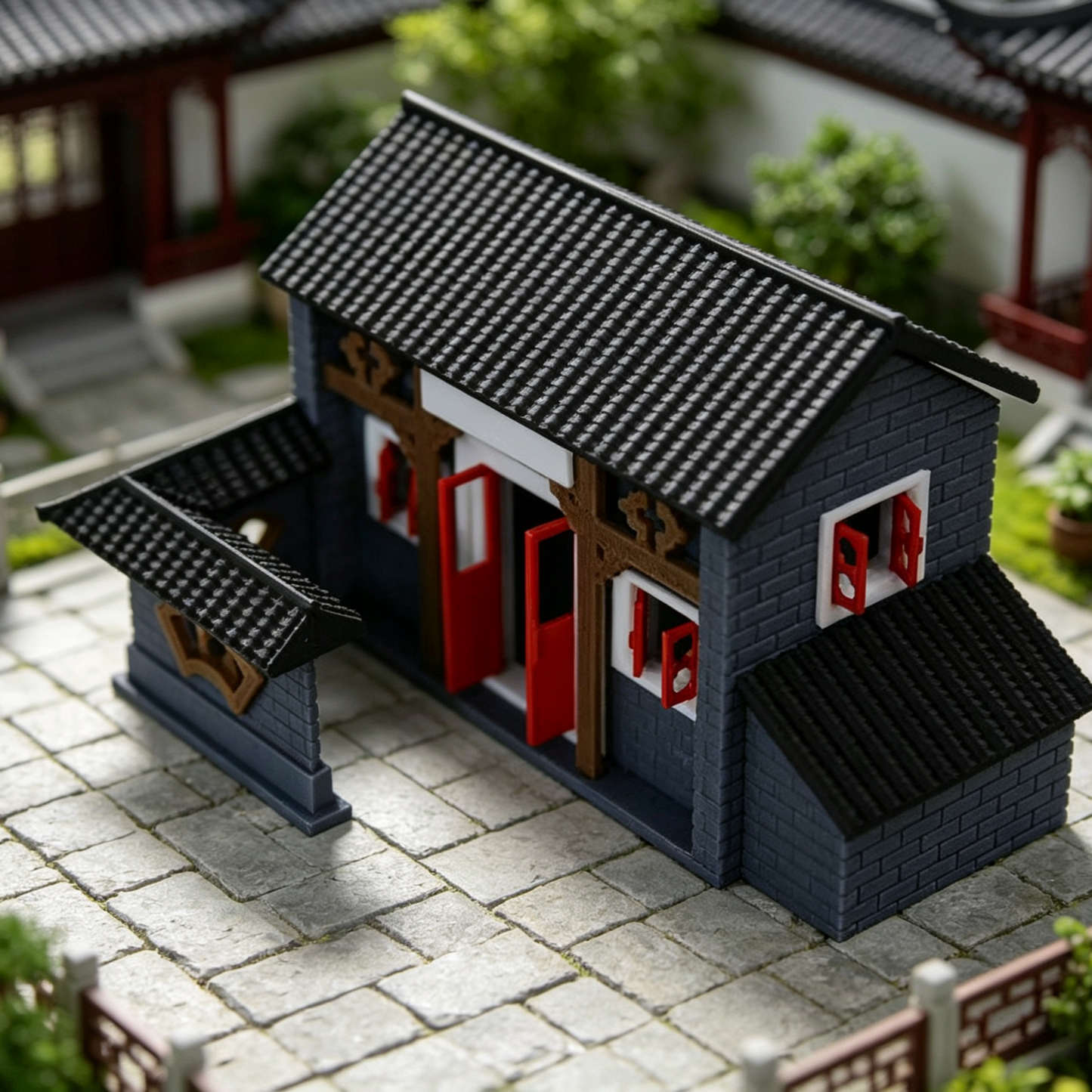 RHF64348 Huizhou-style Residence of Jiangnan Water Town Model Jiangnan Water Town Huizhou-style Residence Miniature Building, Black Tile & Red Door for Diorama