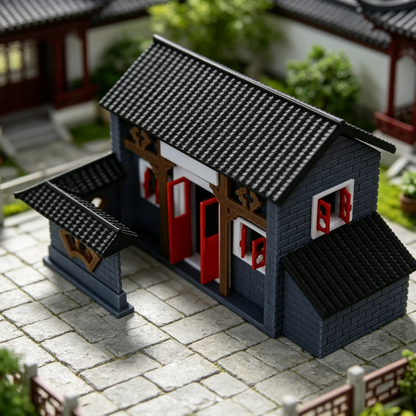 RHF64348 Huizhou-style Residence of Jiangnan Water Town Model Jiangnan Water Town Huizhou-style Residence Miniature Building, Black Tile & Red Door for Diorama