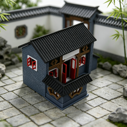 RHF64348 Huizhou-style Residence of Jiangnan Water Town Model Jiangnan Water Town Huizhou-style Residence Miniature Building, Black Tile & Red Door for Diorama