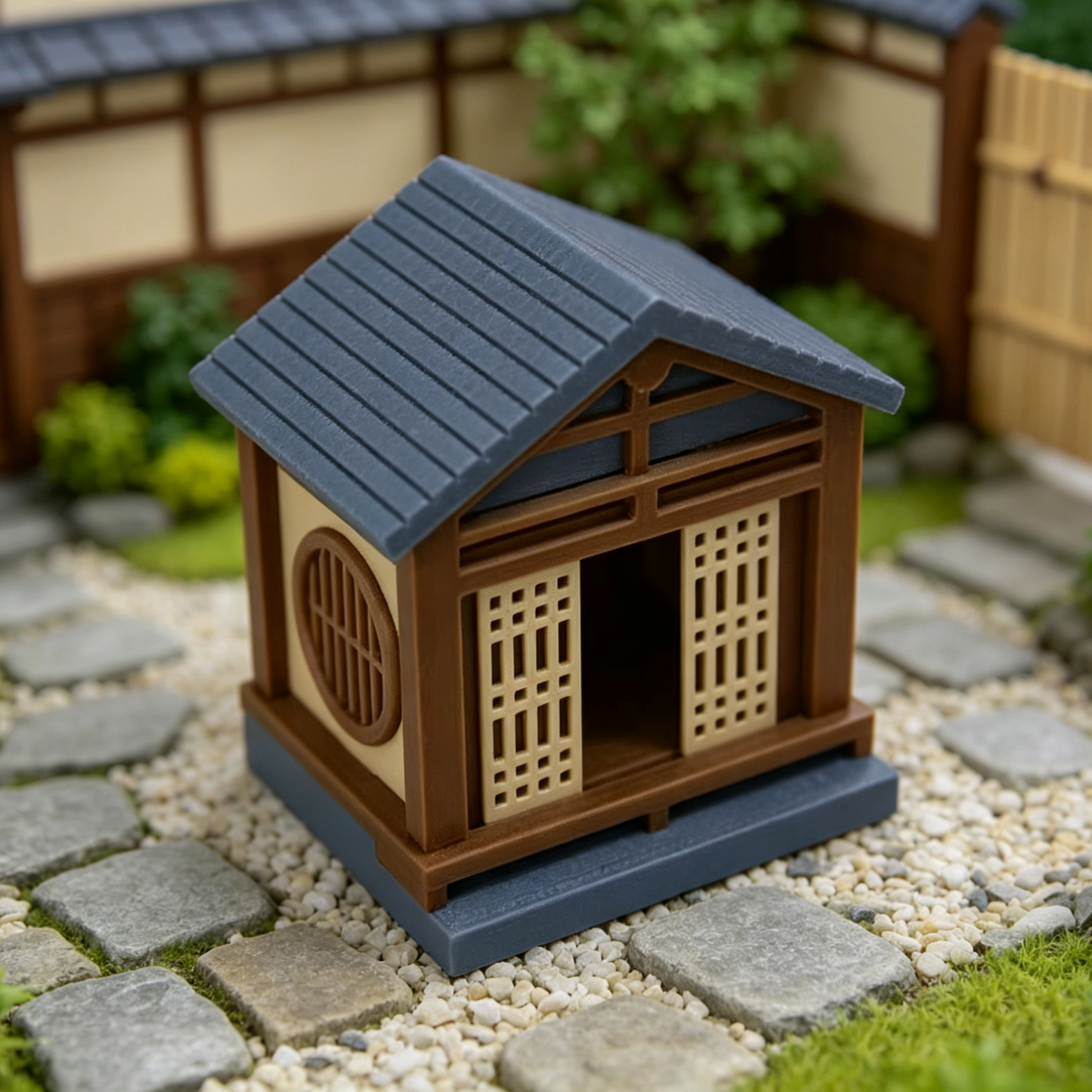 RHF64349 Japanese Style Tea House Pavilion Model Japanese Style Tea House Gazebo Miniature Building, Gray Tile & Brown Wood with Round Window for Diorama