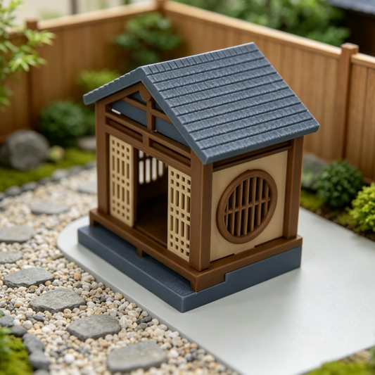 RHF64349 Japanese Style Tea House Pavilion Model Japanese Style Tea House Gazebo Miniature Building, Gray Tile & Brown Wood with Round Window for Diorama