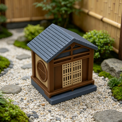 RHF64349 Japanese Style Tea House Pavilion Model Japanese Style Tea House Gazebo Miniature Building, Gray Tile & Brown Wood with Round Window for Diorama