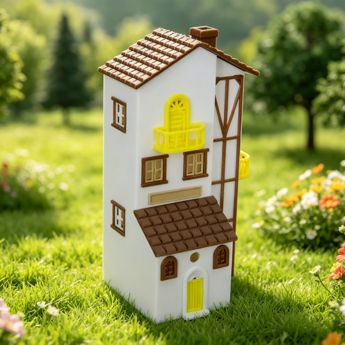 RHF64350 Healing Cream Style Long House Model Creamy Style Long Strip House Miniature Building with Yellow Balcony for Diorama
