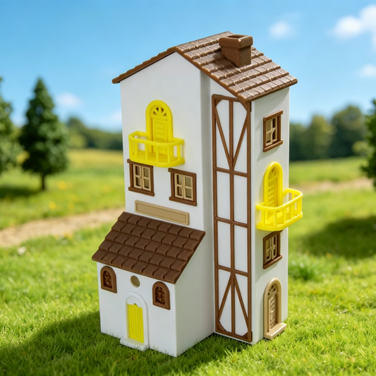 RHF64350 Healing Cream Style Long House Model Creamy Style Long Strip House Miniature Building with Yellow Balcony for Diorama
