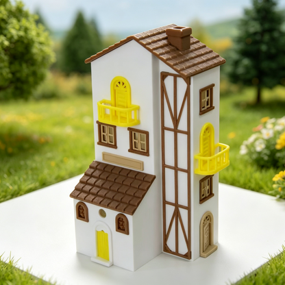 RHF64350 Healing Cream Style Long House Model Creamy Style Long Strip House Miniature Building with Yellow Balcony for Diorama