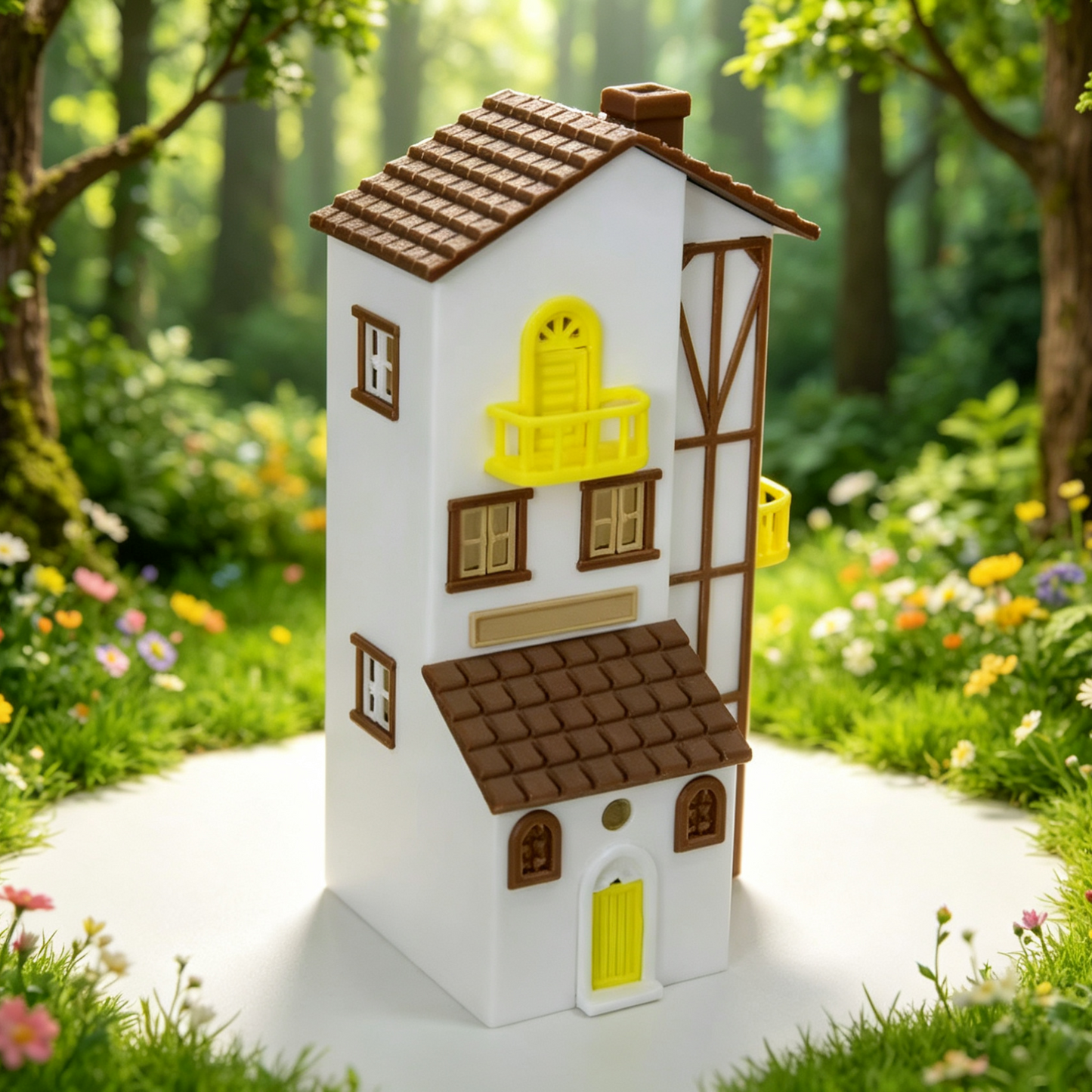 RHF64350 Healing Cream Style Long House Model Creamy Style Long Strip House Miniature Building with Yellow Balcony for Diorama