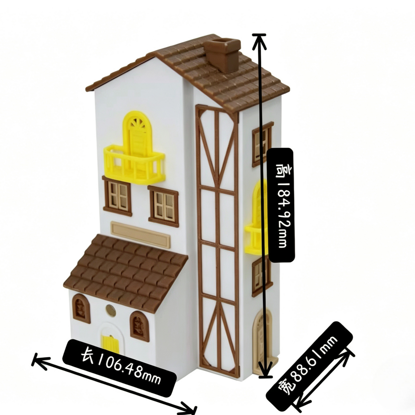 RHF64350 Healing Cream Style Long House Model Creamy Style Long Strip House Miniature Building with Yellow Balcony for Diorama
