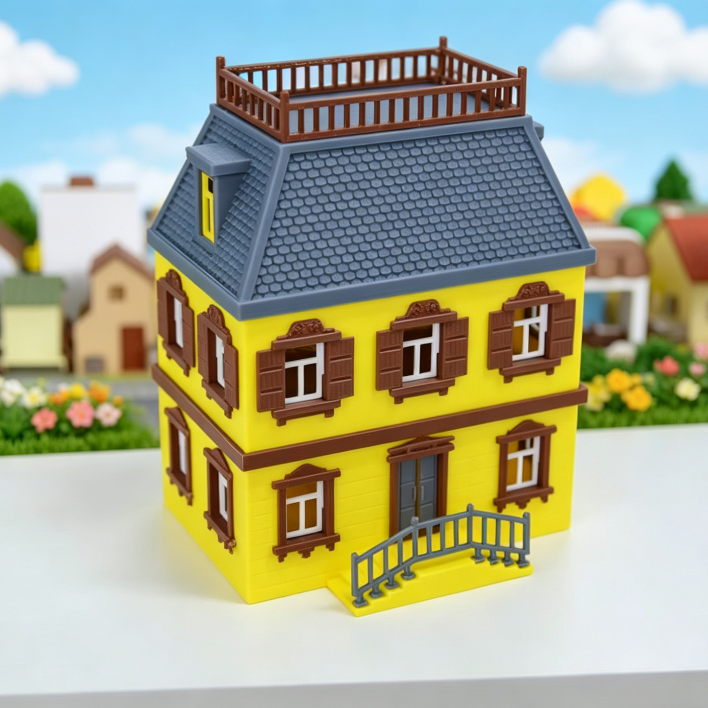 RHF351 Vintage European Style Bright Yellow Three-Story Villa Model European Retro Bright Yellow Three-Story Villa Miniature with Terrace & Steps for Diorama