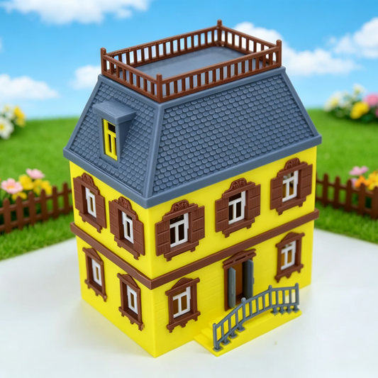 RHF351 Vintage European Style Bright Yellow Three-Story Villa Model European Retro Bright Yellow Three-Story Villa Miniature with Terrace & Steps for Diorama