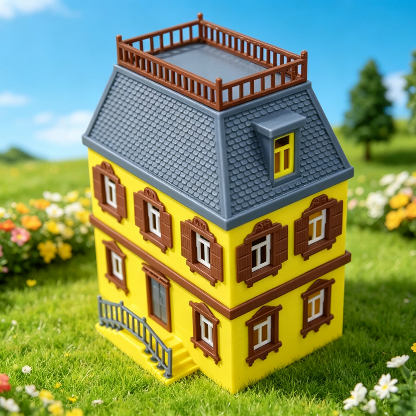 RHF351 Vintage European Style Bright Yellow Three-Story Villa Model European Retro Bright Yellow Three-Story Villa Miniature with Terrace & Steps for Diorama