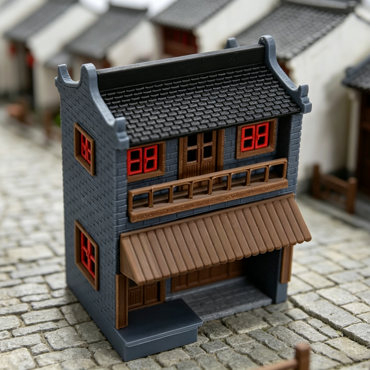 RHF352 Ancient Huizhou-Style Double-Story Shop Model Huizhou Style Ancient Street Two-Story Shop Miniature Building with Gray Brick & Red Window for Diorama