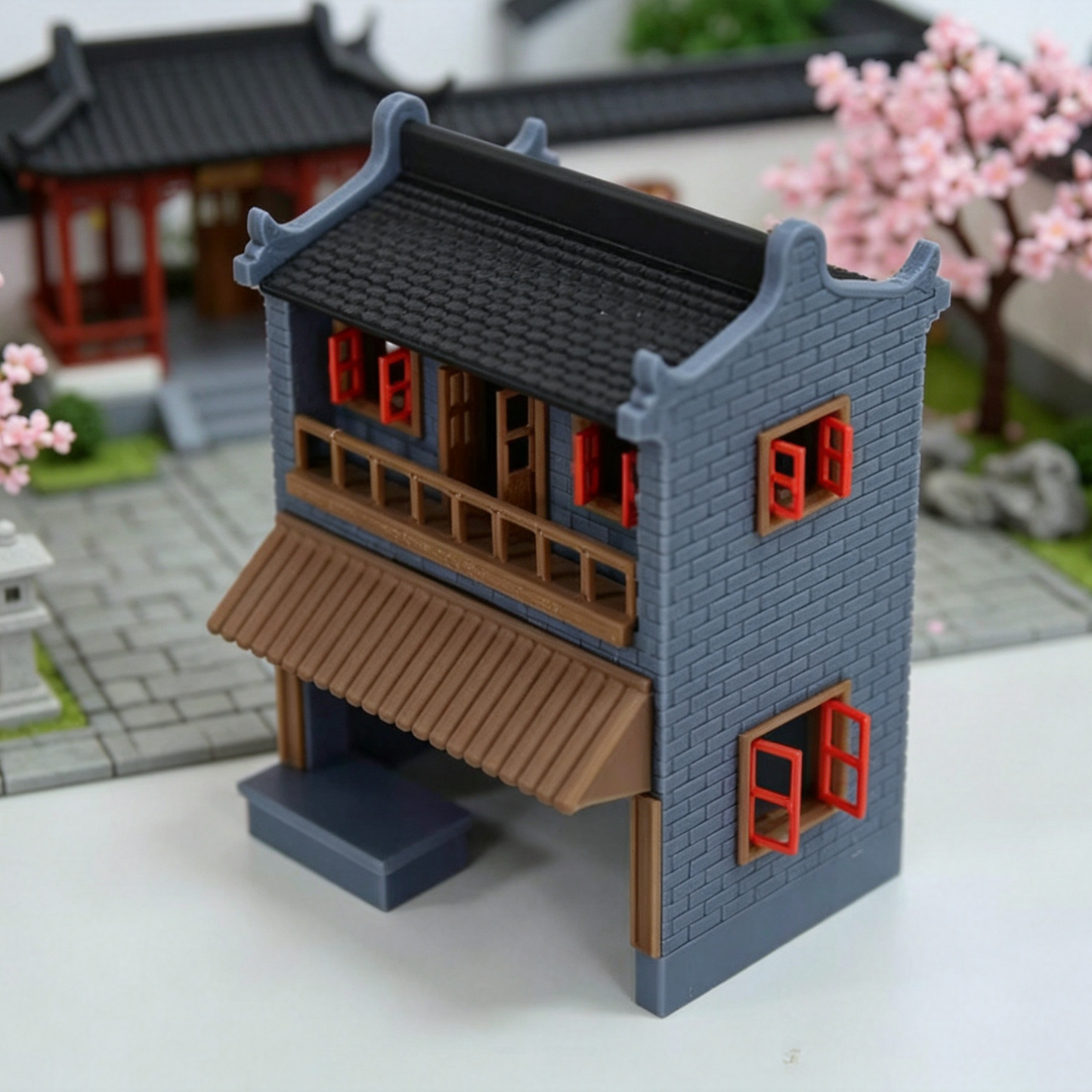 RHF352 Ancient Huizhou-Style Double-Story Shop Model Huizhou Style Ancient Street Two-Story Shop Miniature Building with Gray Brick & Red Window for Diorama