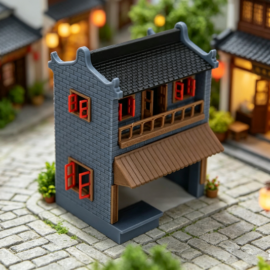 RHF352 Ancient Huizhou-Style Double-Story Shop Model Huizhou Style Ancient Street Two-Story Shop Miniature Building with Gray Brick & Red Window for Diorama