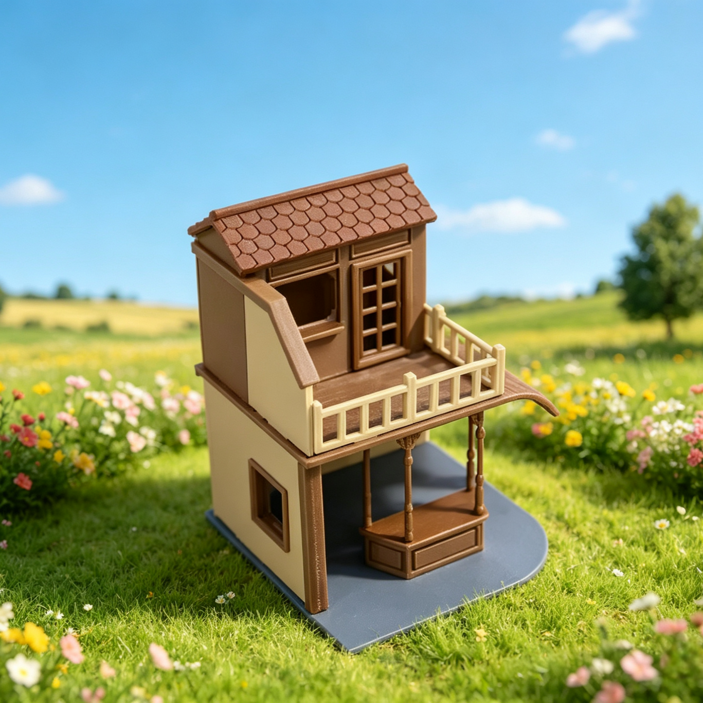 RHF353 Vintage Rural Double-Story Small Shop Model Vintage Countryside Two-Story Shop Miniature Building with Balcony & Awning for Diorama