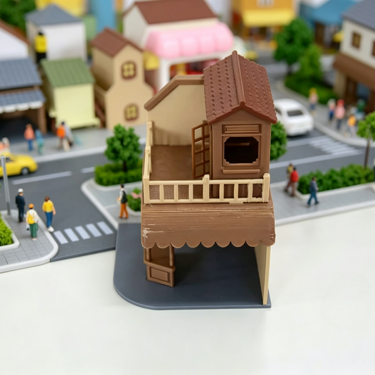 RHF353 Vintage Rural Double-Story Small Shop Model Vintage Countryside Two-Story Shop Miniature Building with Balcony & Awning for Diorama