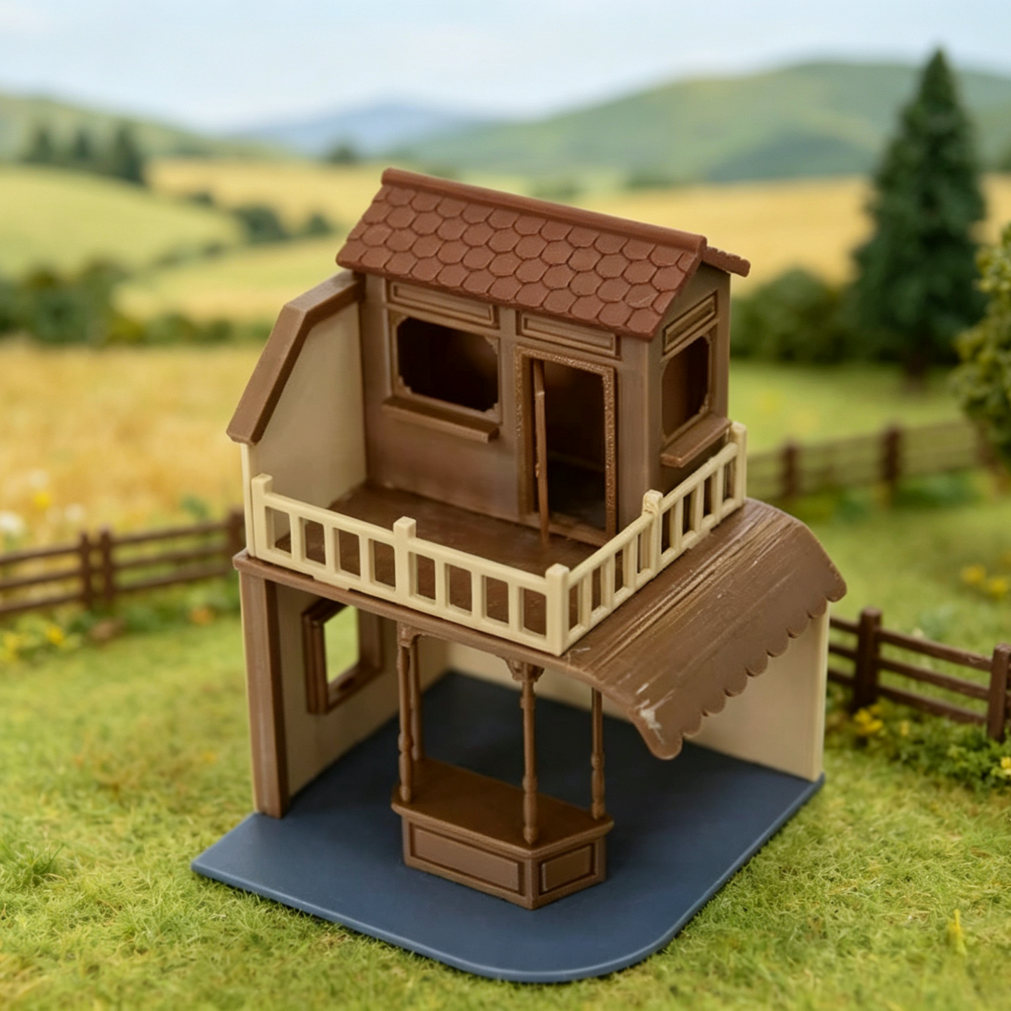 RHF353 Vintage Rural Double-Story Small Shop Model Vintage Countryside Two-Story Shop Miniature Building with Balcony & Awning for Diorama