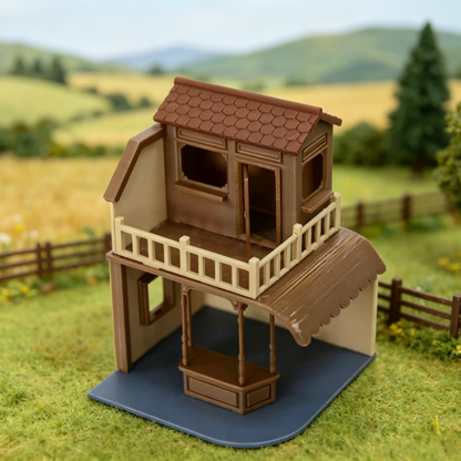 RHF353 Vintage Rural Double-Story Small Shop Model Vintage Countryside Two-Story Shop Miniature Building with Balcony & Awning for Diorama