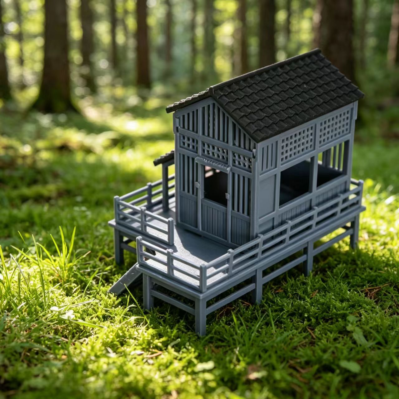 RHF354 Japanese Style Waterside Tea House Model Japanese Style Waterside Tea House Miniature Building with Terrace for Diorama