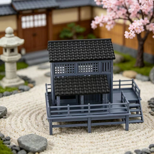 RHF354 Japanese Style Waterside Tea House Model Japanese Style Waterside Tea House Miniature Building with Terrace for Diorama