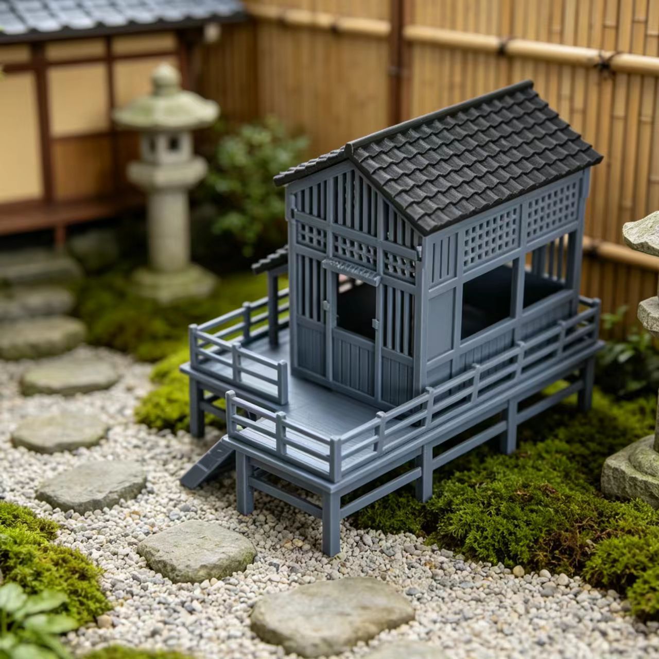 RHF354 Japanese Style Waterside Tea House Model Japanese Style Waterside Tea House Miniature Building with Terrace for Diorama