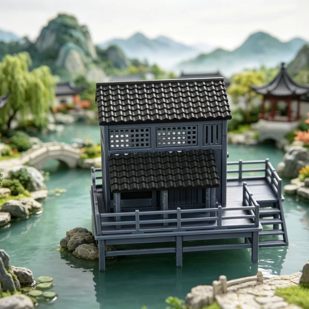 RHF354 Japanese Style Waterside Tea House Model Japanese Style Waterside Tea House Miniature Building with Terrace for Diorama