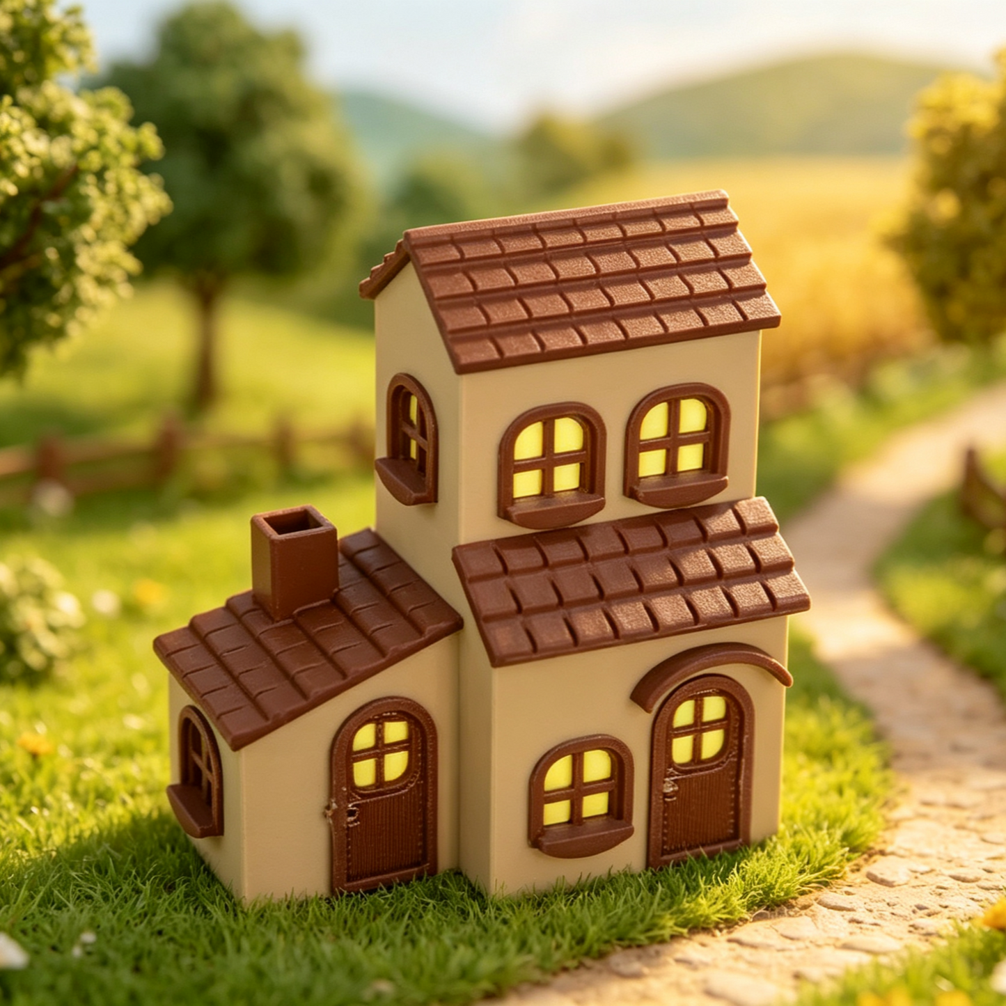 RHF355 Healing Cream Color Town Cottage Model Creamy Color Town House Miniature Building with Warm Light Arched Windows for Diorama