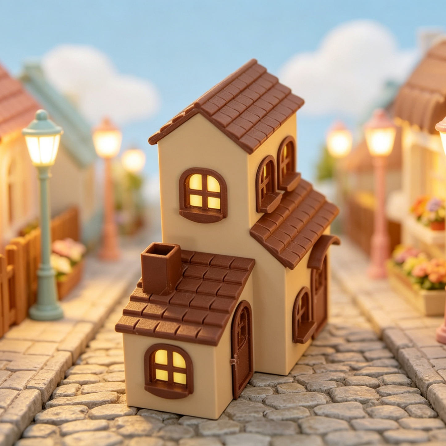 RHF355 Healing Cream Color Town Cottage Model Creamy Color Town House Miniature Building with Warm Light Arched Windows for Diorama