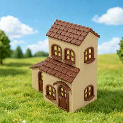 RHF355 Healing Cream Color Town Cottage Model Creamy Color Town House Miniature Building with Warm Light Arched Windows for Diorama