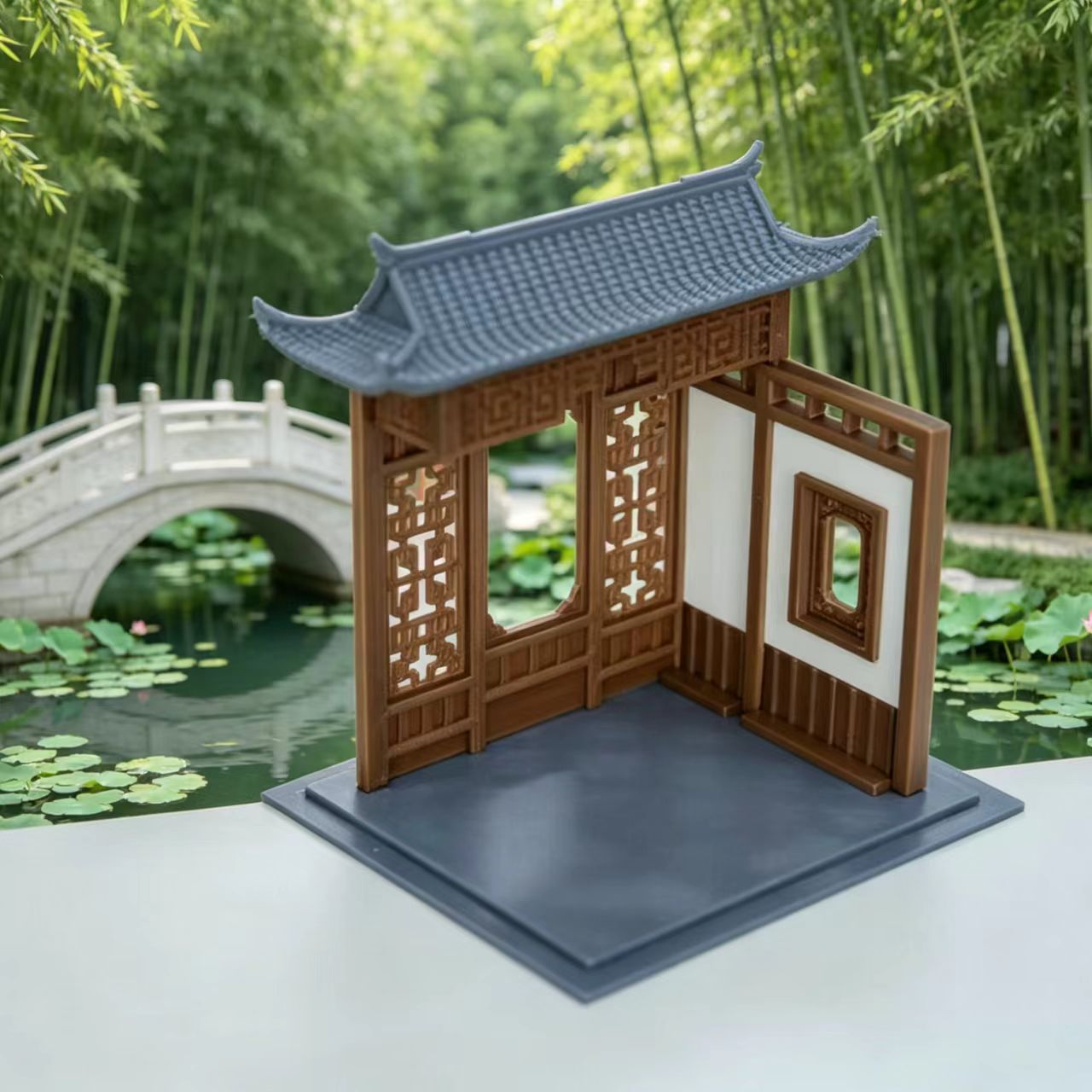 RHF356 Suzhou Garden Miniature Half Pavilion Model Mini Suzhou Garden Half-Pavilion, Hollow Carved Doors & Windows, Diorama Accessory