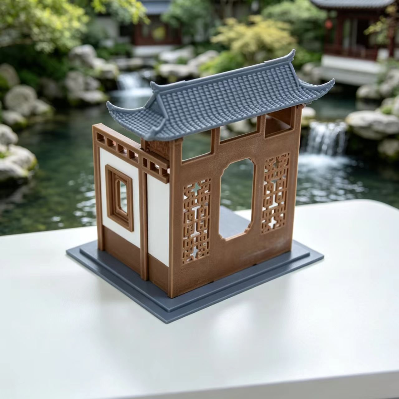 RHF356 Suzhou Garden Miniature Half Pavilion Model Mini Suzhou Garden Half-Pavilion, Hollow Carved Doors & Windows, Diorama Accessory