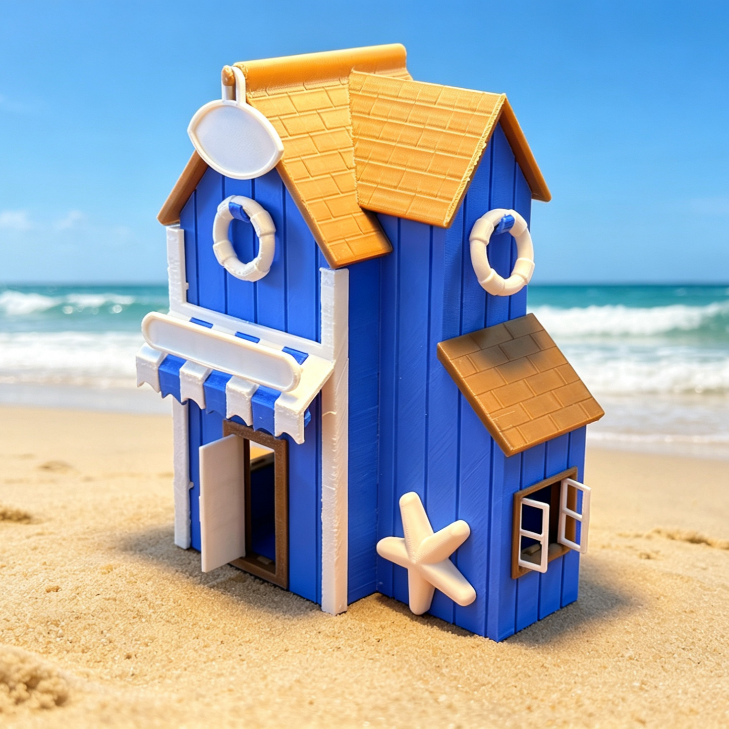 RHF357 Blue & White Seaside Holiday Cottage Model Blue & White Beach Vacation Hut Miniature Building with Starfish & Lifebuoy for Diorama