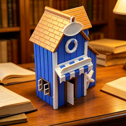 RHF357 Blue & White Seaside Holiday Cottage Model Blue & White Beach Vacation Hut Miniature Building with Starfish & Lifebuoy for Diorama