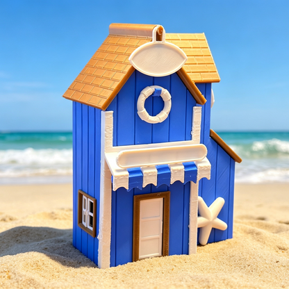 RHF357 Blue & White Seaside Holiday Cottage Model Blue & White Beach Vacation Hut Miniature Building with Starfish & Lifebuoy for Diorama