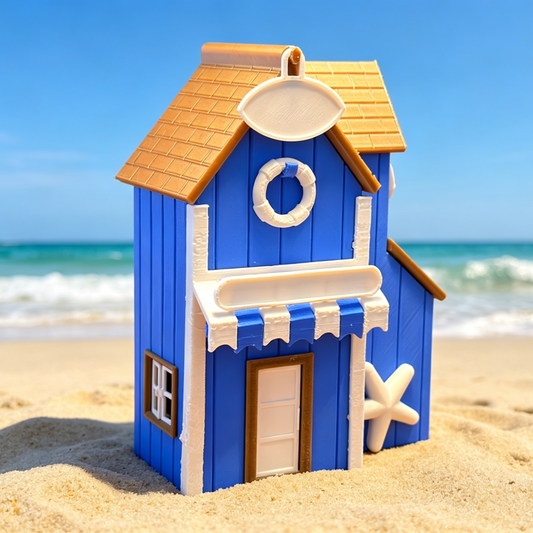 RHF357 Blue & White Seaside Holiday Cottage Model Blue & White Beach Vacation Hut Miniature Building with Starfish & Lifebuoy for Diorama