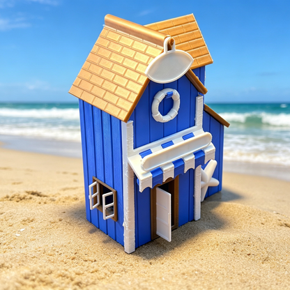 RHF357 Blue & White Seaside Holiday Cottage Model Blue & White Beach Vacation Hut Miniature Building with Starfish & Lifebuoy for Diorama