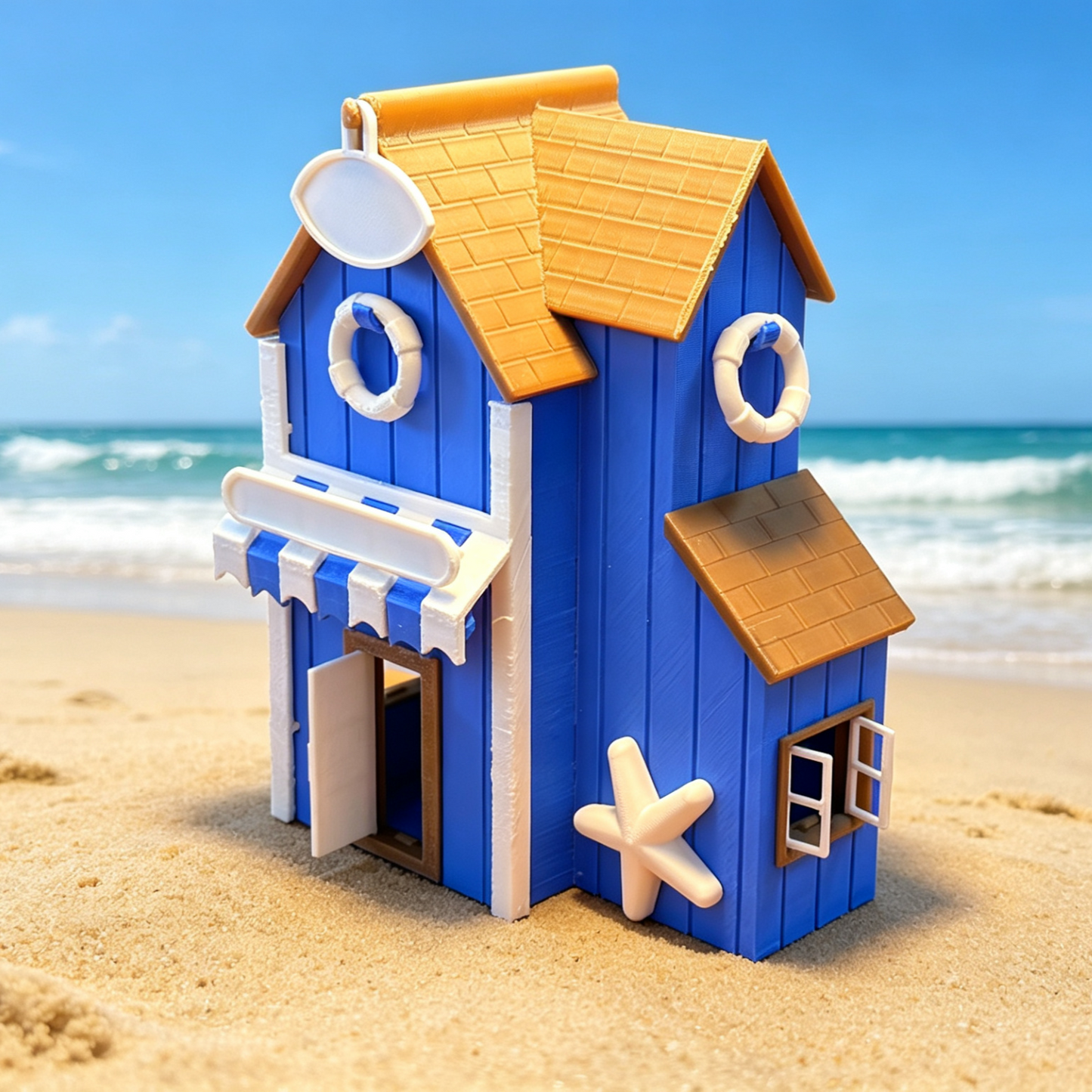 RHF357 Blue & White Seaside Holiday Cottage Model Blue & White Beach Vacation Hut Miniature Building with Starfish & Lifebuoy for Diorama
