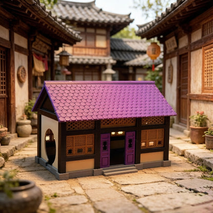 RHF358 Traditional Korean Hanok Miniature Building Model Korean Traditional Hanok Miniature Building with Purple Tile & Carved Windows for Diorama