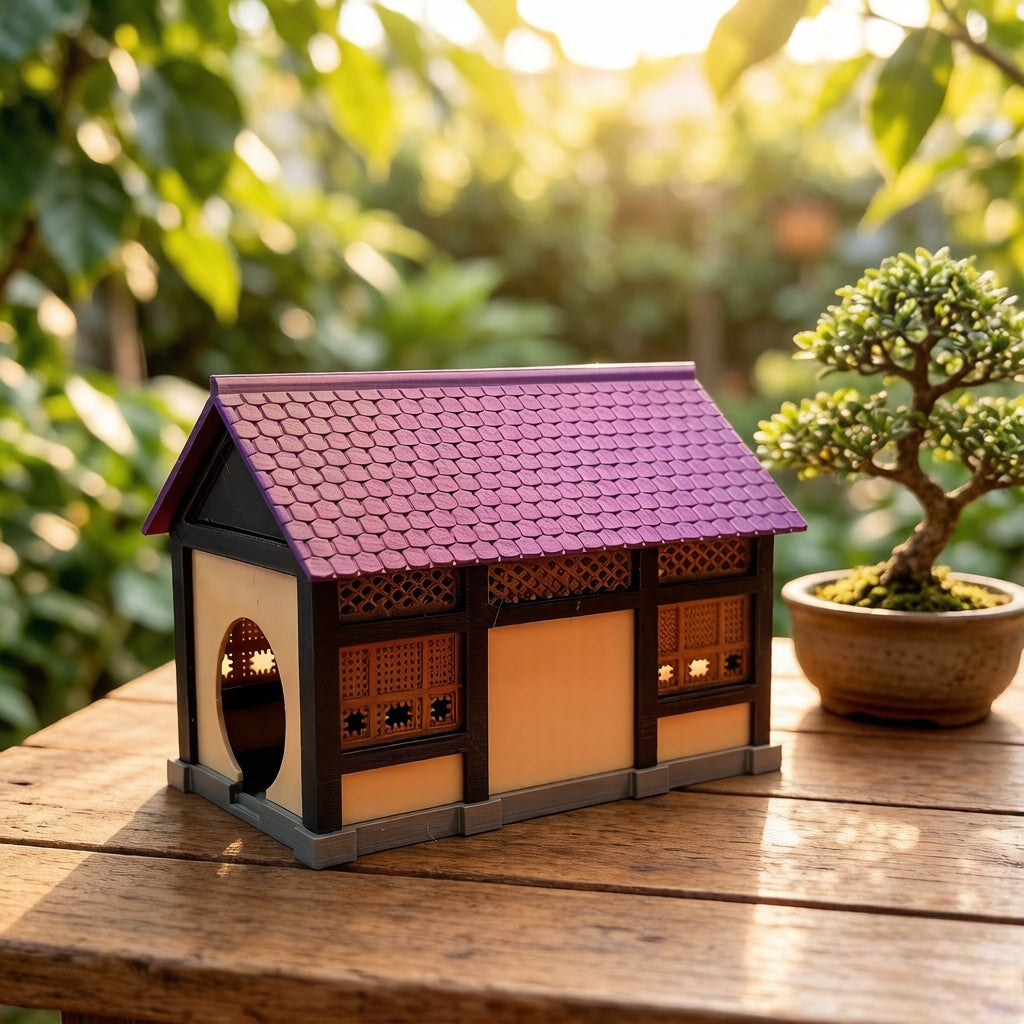 RHF358 Traditional Korean Hanok Miniature Building Model Korean Traditional Hanok Miniature Building with Purple Tile & Carved Windows for Diorama