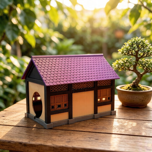 RHF358 Traditional Korean Hanok Miniature Building Model Korean Traditional Hanok Miniature Building with Purple Tile & Carved Windows for Diorama