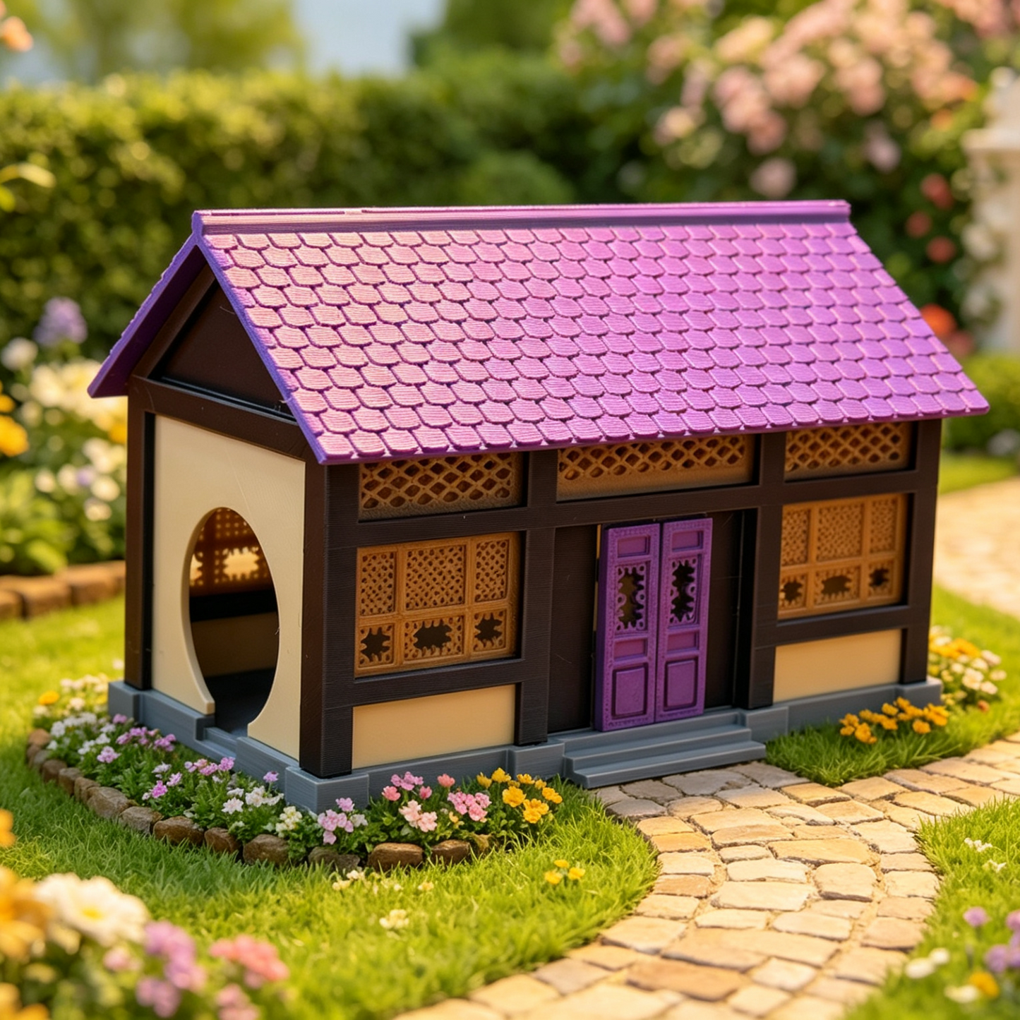 RHF358 Traditional Korean Hanok Miniature Building Model Korean Traditional Hanok Miniature Building with Purple Tile & Carved Windows for Diorama