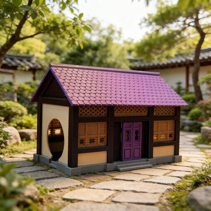 RHF358 Traditional Korean Hanok Miniature Building Model Korean Traditional Hanok Miniature Building with Purple Tile & Carved Windows for Diorama