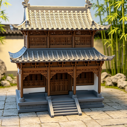RHF359 Chinese Ancient Double-Story Pavilion Model Chinese Ancient Two-Story Pavilion Miniature Building with Double Eaves & Carved Windows for Diorama