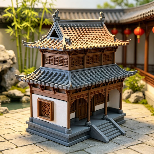 RHF359 Chinese Ancient Double-Story Pavilion Model Chinese Ancient Two-Story Pavilion Miniature Building with Double Eaves & Carved Windows for Diorama