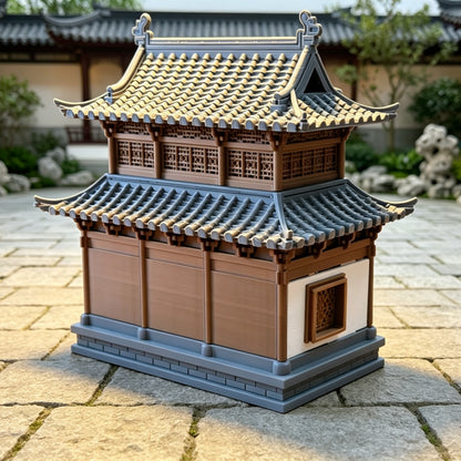 RHF359 Chinese Ancient Double-Story Pavilion Model Chinese Ancient Two-Story Pavilion Miniature Building with Double Eaves & Carved Windows for Diorama